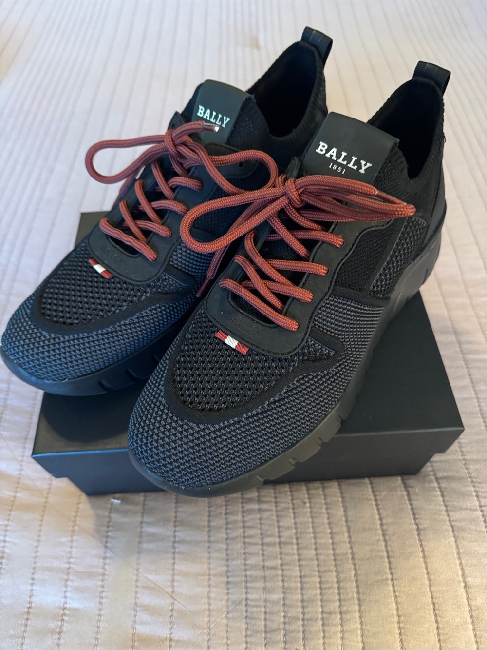Bally Men’s Black Knit Sneakers with Rust Red Laces